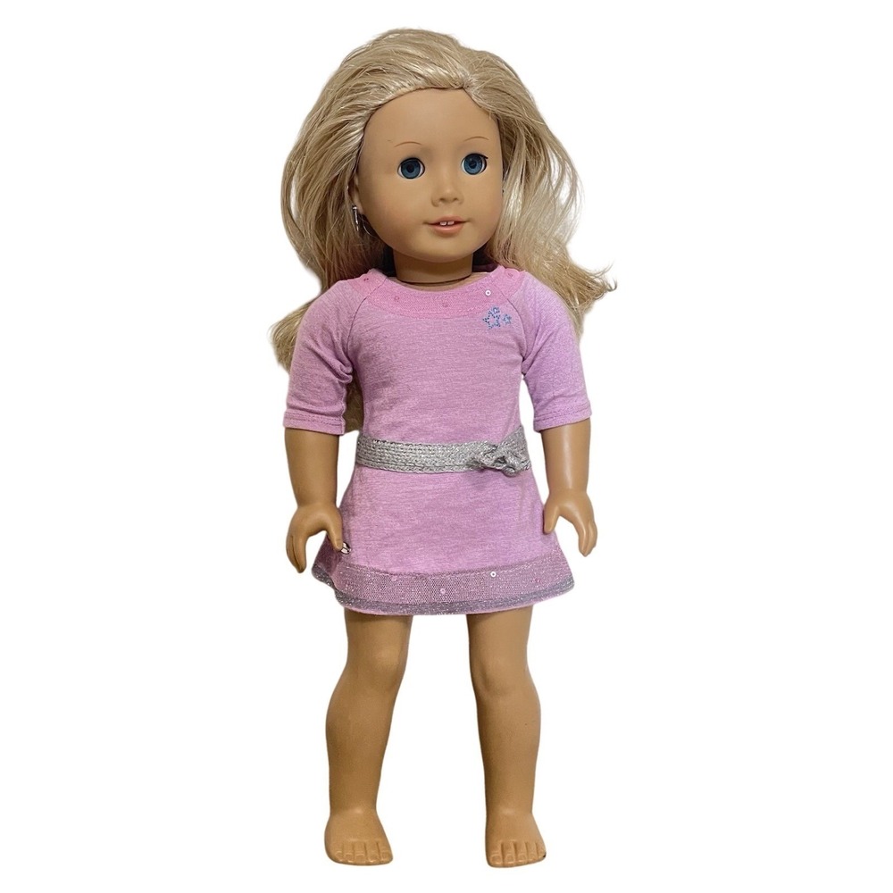 American Girl Doll Just Like You Truly Me 2014 Blonde Blue Eyes Earrings Dress